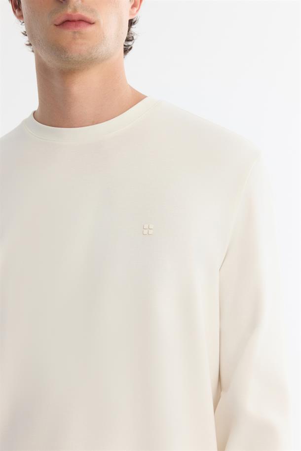 Ekru Bisiklet Yaka Pamuklu Basic Sweatshirt