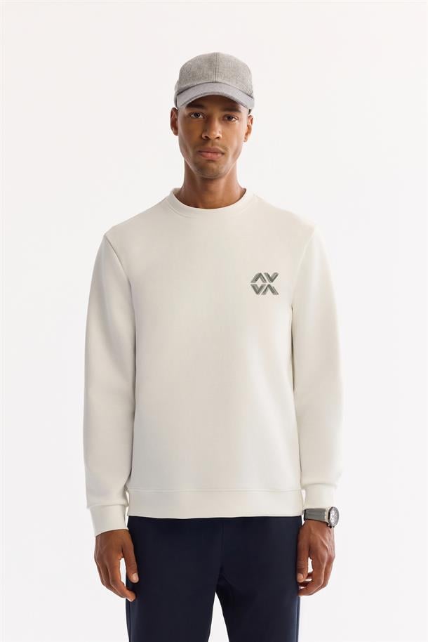 Ekru Bisiklet Yaka Kolay Ütülenen Bi-Stretch Basic Sweatshirt