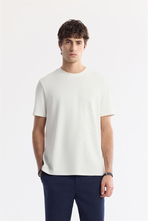 Ekru Bisiklet Yaka Baskılı Bi-Stretch İnterlok T-Shirt