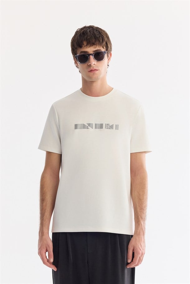 Ekru Bisiklet Yaka Baskılı İnterlok T-Shirt