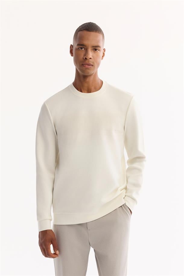 Ekru Bisiklet Yaka Kolay Ütülenen Bi-Stretch Baskılı Sweatshirt