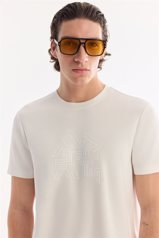 Ekru Bisiklet Yaka Elastan İnterlok T-Shirt