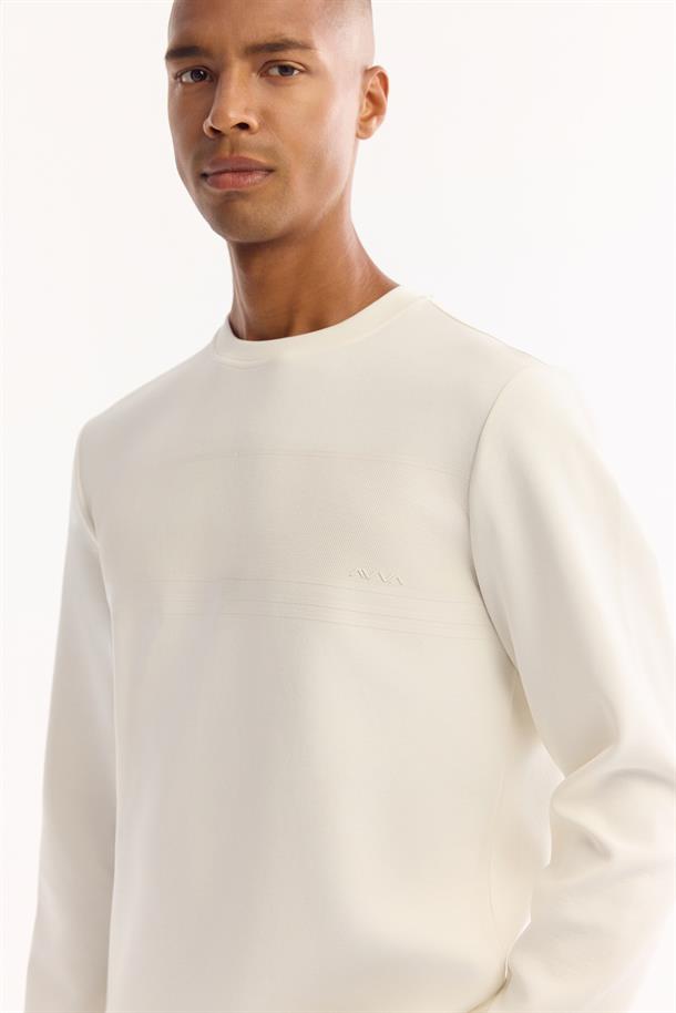 Ekru Bisiklet Yaka Kolay Ütülenen Bi-Stretch Baskılı Sweatshirt