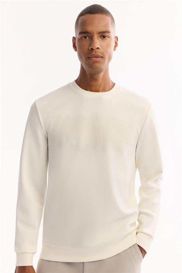 Ekru Bisiklet Yaka Kolay Ütülenen Bi-Stretch Baskılı Sweatshirt