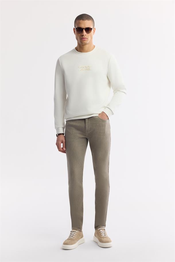 Ekru Bisiklet Yaka Baskılı Bi-Stretch İnterlok Sweatshirt