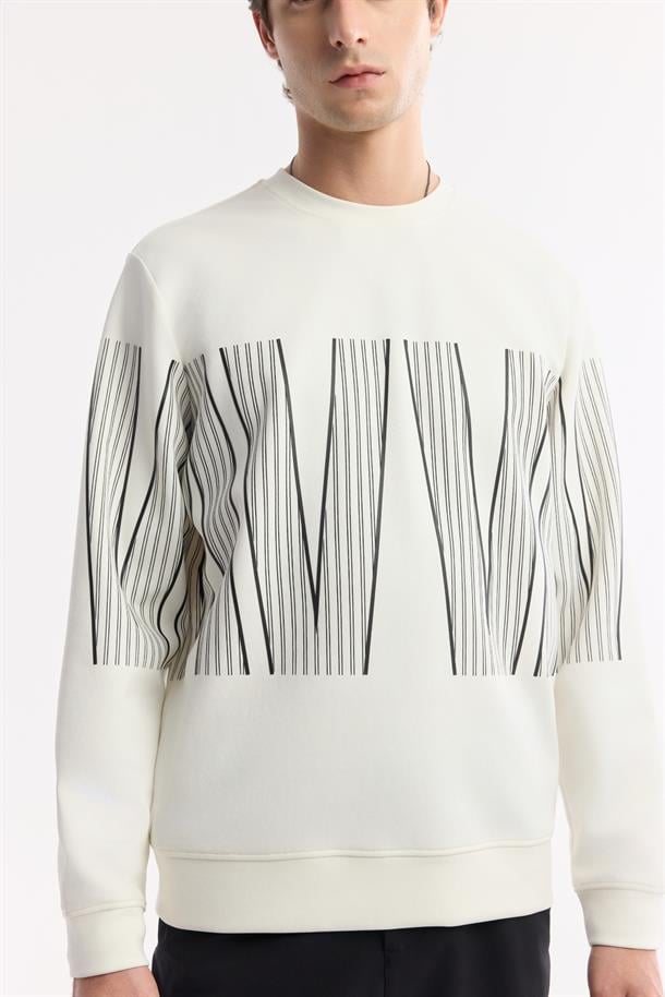 Ekru Bisiklet Yaka Baskılı Bi-Stretch İnterlok Sweatshirt