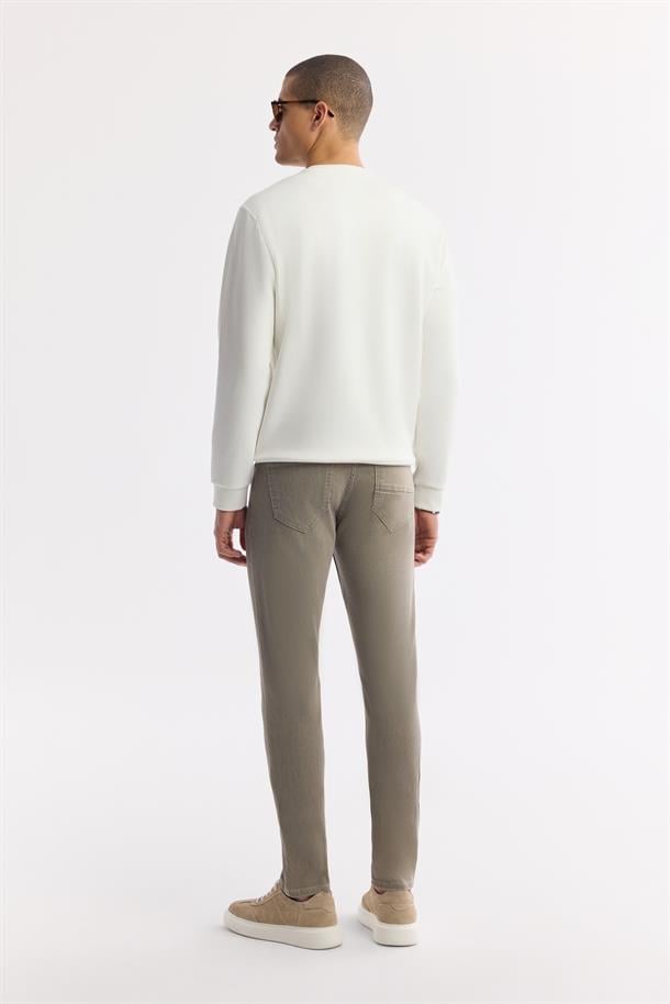 Ekru Bisiklet Yaka Baskılı Bi-Stretch İnterlok Sweatshirt