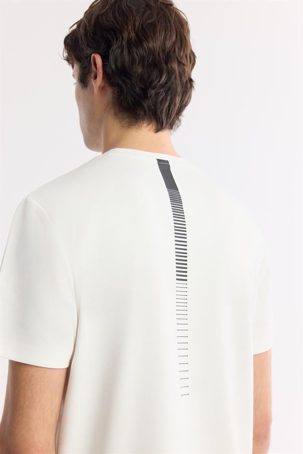 Ekru Bisiklet Yaka Bi-Stretch Baskılı T-Shirt
