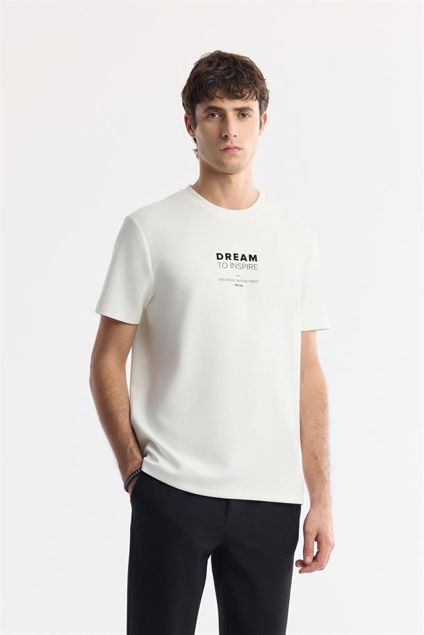 Ekru Bisiklet Yaka Baskılı Bi-Stretch İnterlok T-Shirt