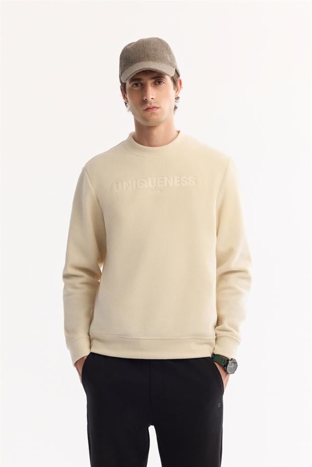 Ekru Bisiklet Yaka Soft Touch Baskılı Polar Sweatshirt