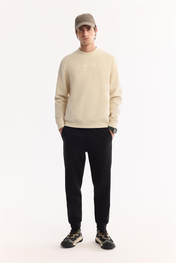 Ekru Bisiklet Yaka Soft Touch Baskılı Polar Sweatshirt