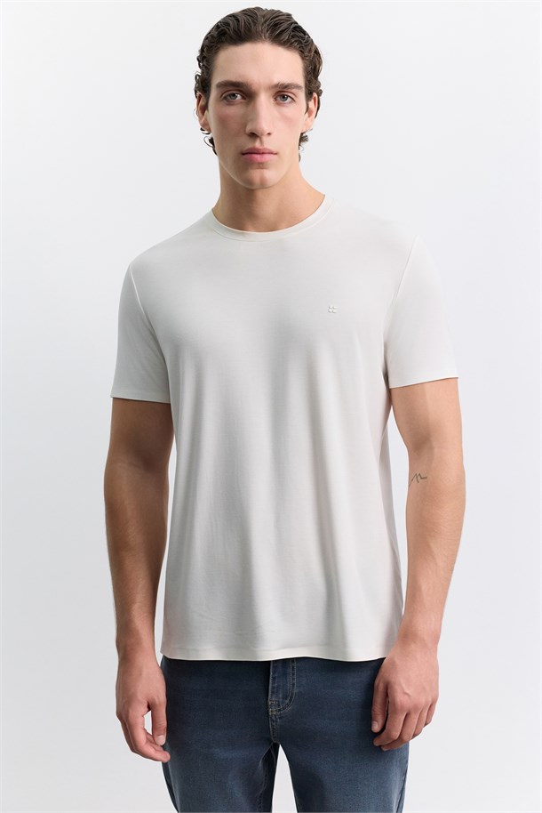 Ekru Bisiklet Yaka Soft Touch Basic T-Shirt