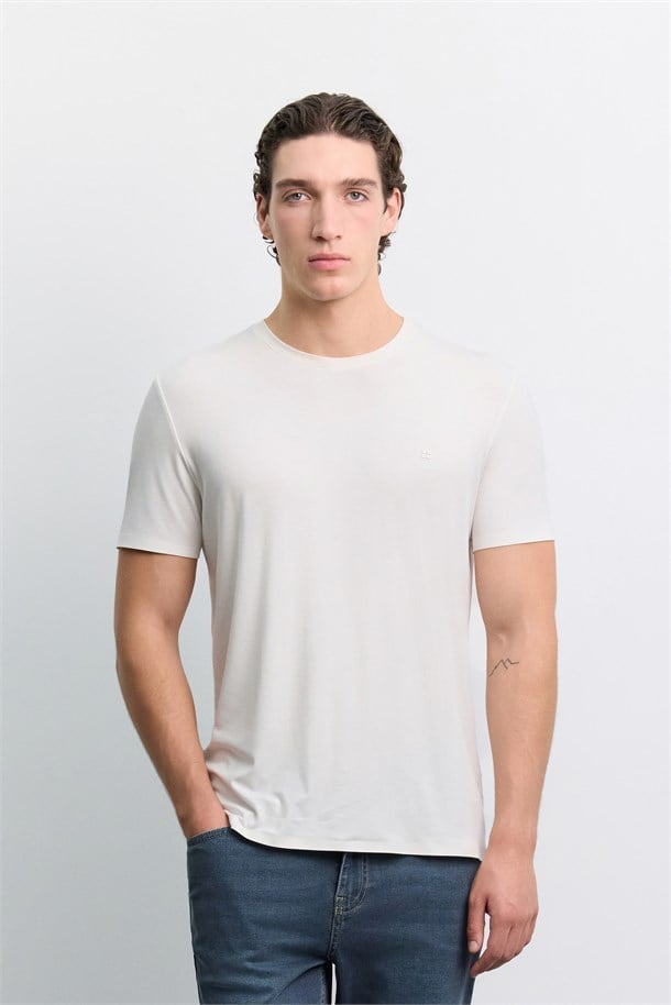 Ekru Bisiklet Yaka Soft Touch Basic T-Shirt