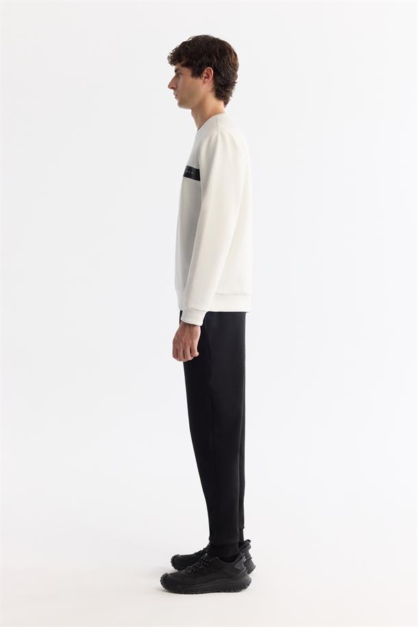 Ekru Bisiklet Yaka Pamuklu Baskılı Elastan Sweatshirt