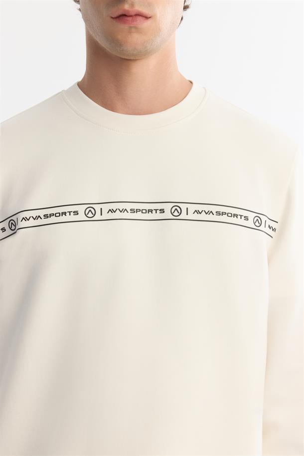 Ekru Bisiklet Yaka Pamuklu Baskılı Elastan Sweatshirt