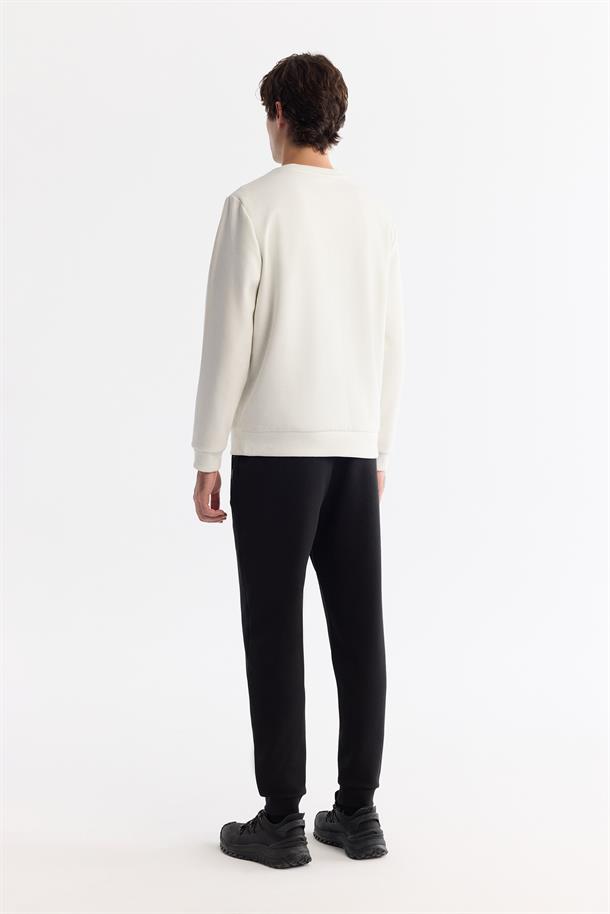 Ekru Bisiklet Yaka Pamuklu Baskılı Elastan Sweatshirt