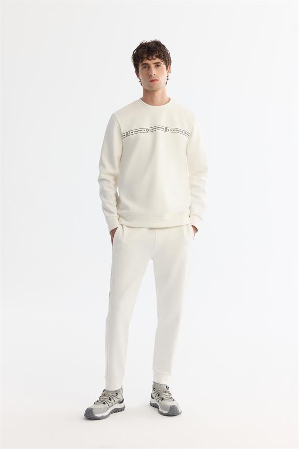 Ekru Bisiklet Yaka Pamuklu Baskılı Elastan Sweatshirt