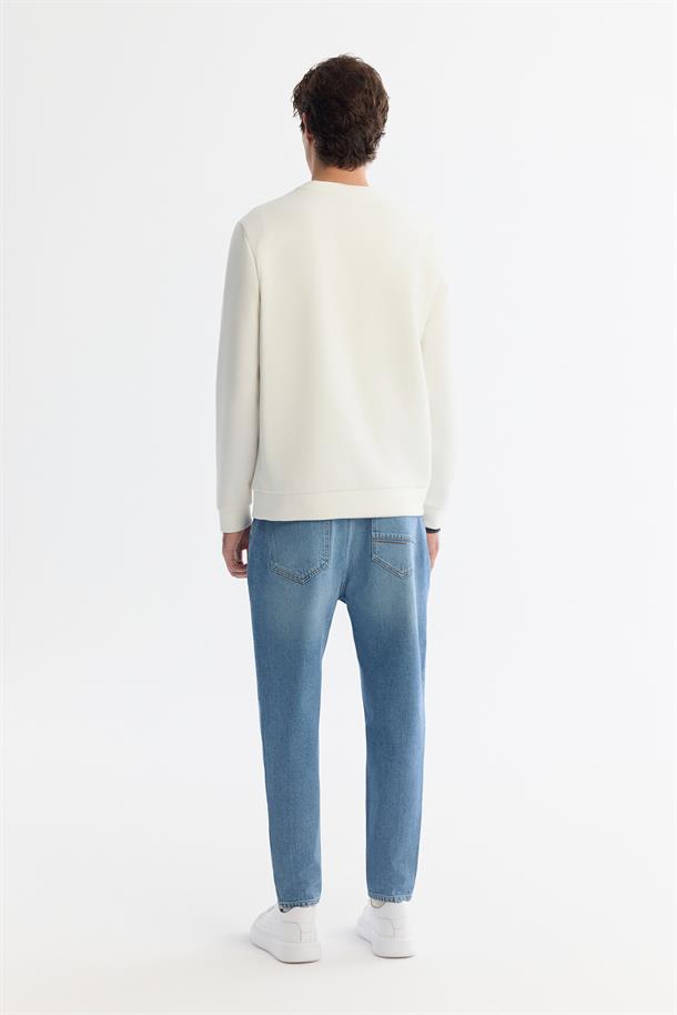 Ekru Bisiklet Yaka Pamuklu Baskılı Elastan Sweatshirt