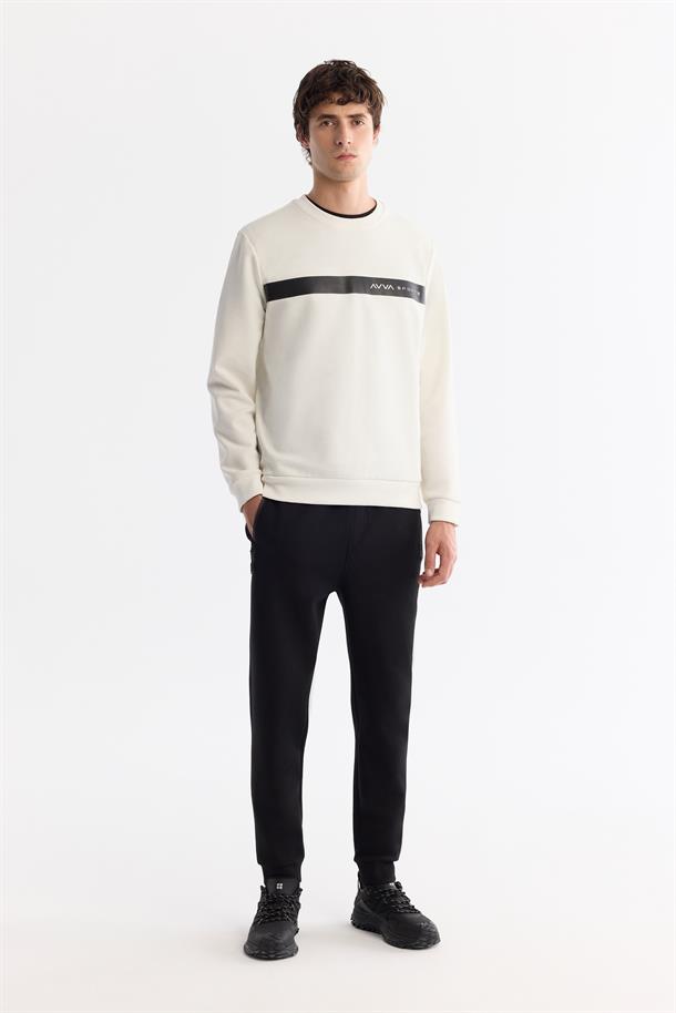 Ekru Bisiklet Yaka Pamuklu Baskılı Elastan Sweatshirt