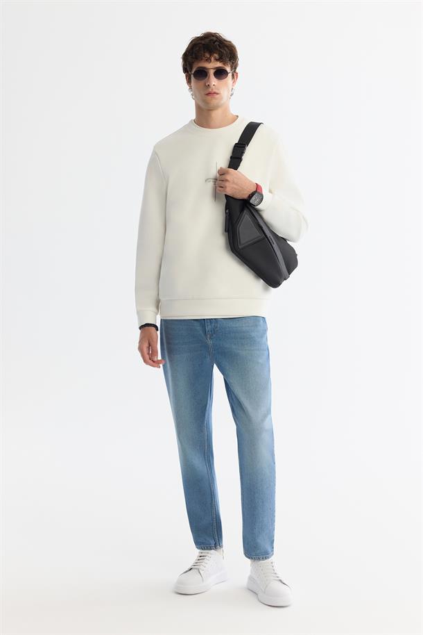 Ekru Bisiklet Yaka Pamuklu Baskılı Elastan Sweatshirt