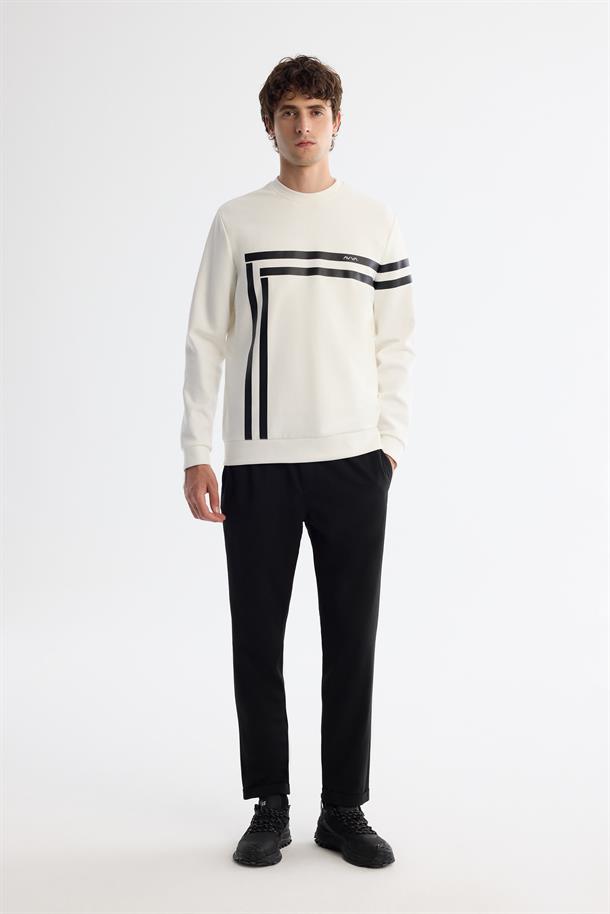 Ekru Bisiklet Yaka Pamuklu Baskılı Elastan Sweatshirt