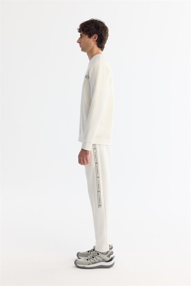 Ekru Bisiklet Yaka Pamuklu Baskılı Elastan Sweatshirt