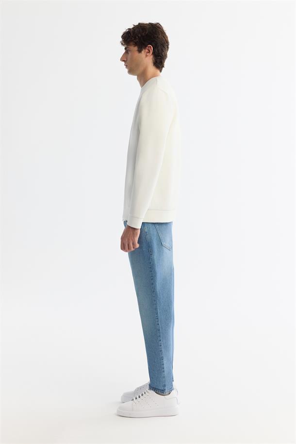 Ekru Bisiklet Yaka Pamuklu Baskılı Elastan Sweatshirt