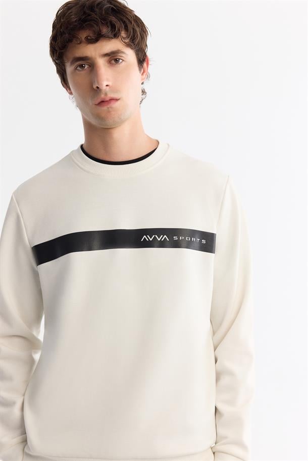Ekru Bisiklet Yaka Pamuklu Baskılı Elastan Sweatshirt
