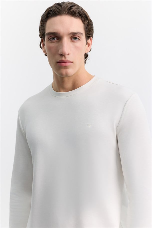 Ekru Bisiklet Yaka Viskon Karışımlı Bi-Stretch Basic Sweatshirt