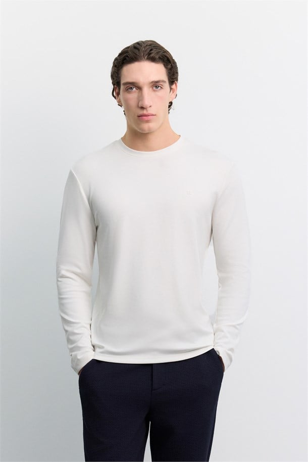 Ekru Bisiklet Yaka Viskon Karışımlı Bi-Stretch Basic Sweatshirt