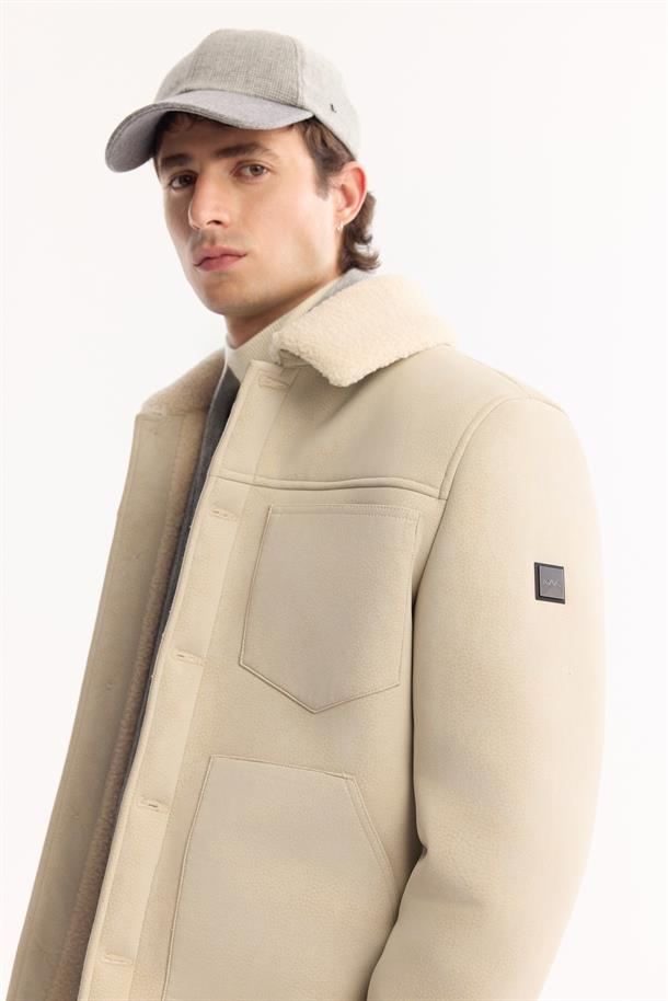 Ekru Kürklü Yaka Napa Mont