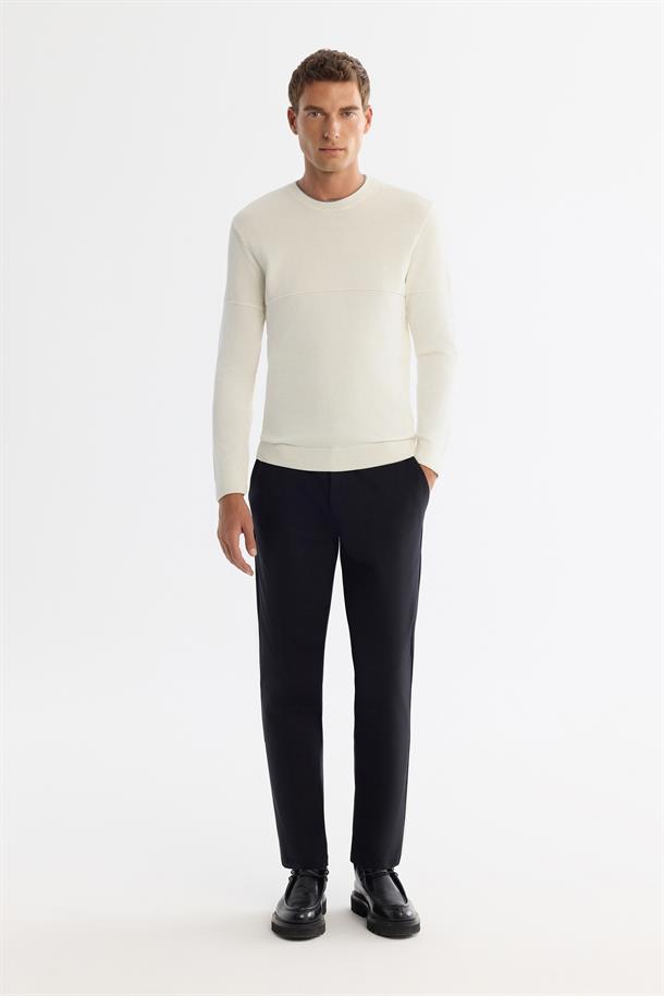 Ekru Bisiklet Çift Yaka Dokulu Pamuklu Triko Kazak