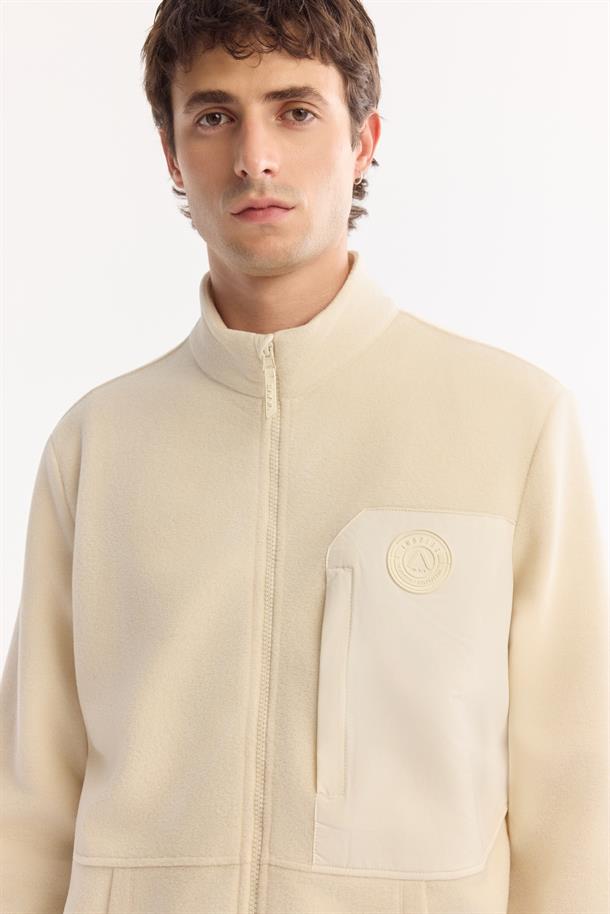 Ekru Dik Yaka Fermuarlı Soft Touch Polar Sweatshirt