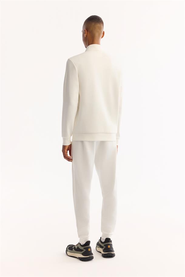 Ekru Dik Yaka Fermuarlı Kolay Ütülenen Bi-Stretch Sweatshirt