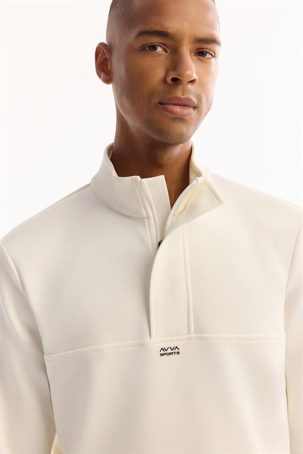Ekru Dik Yaka Fermuarlı Kolay Ütülenen Bi-Stretch Sweatshirt