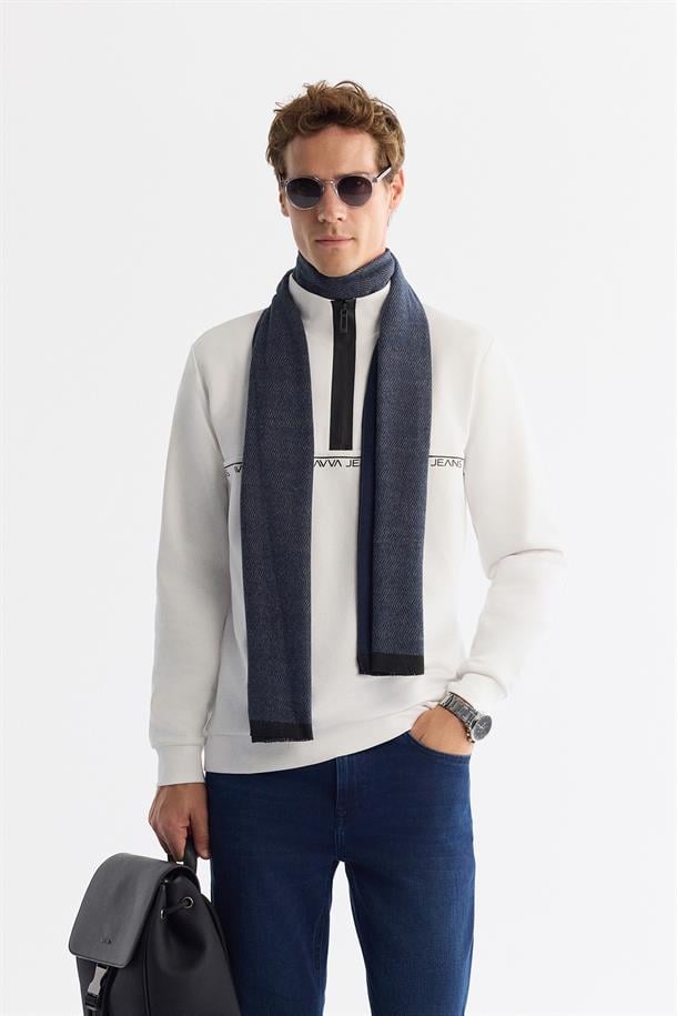 Ekru Dik Yaka Fermuarlı Baskılı Pamuklu Sweatshirt