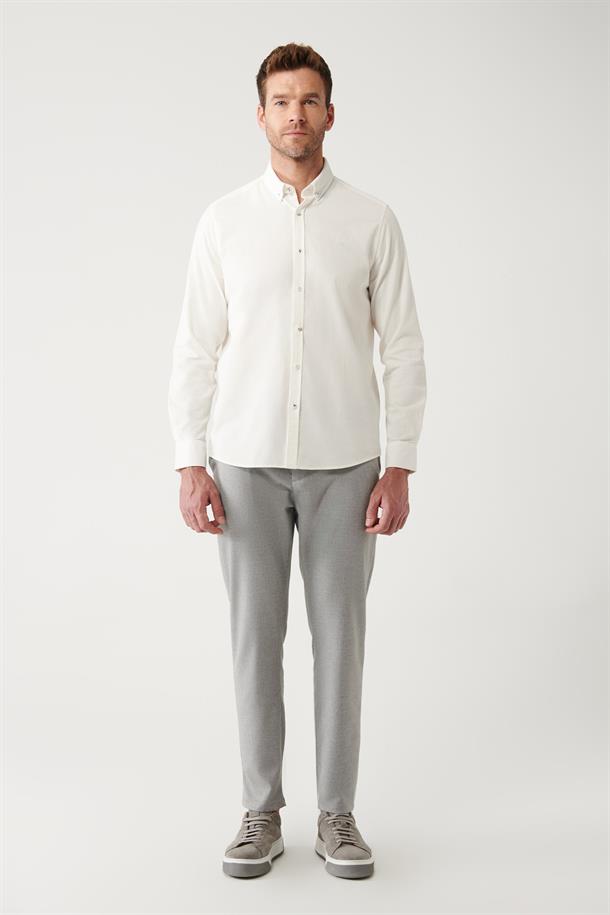 Ekru Düğmeli Yaka %100 Pamuk Soft Touch Kadife Gömlek