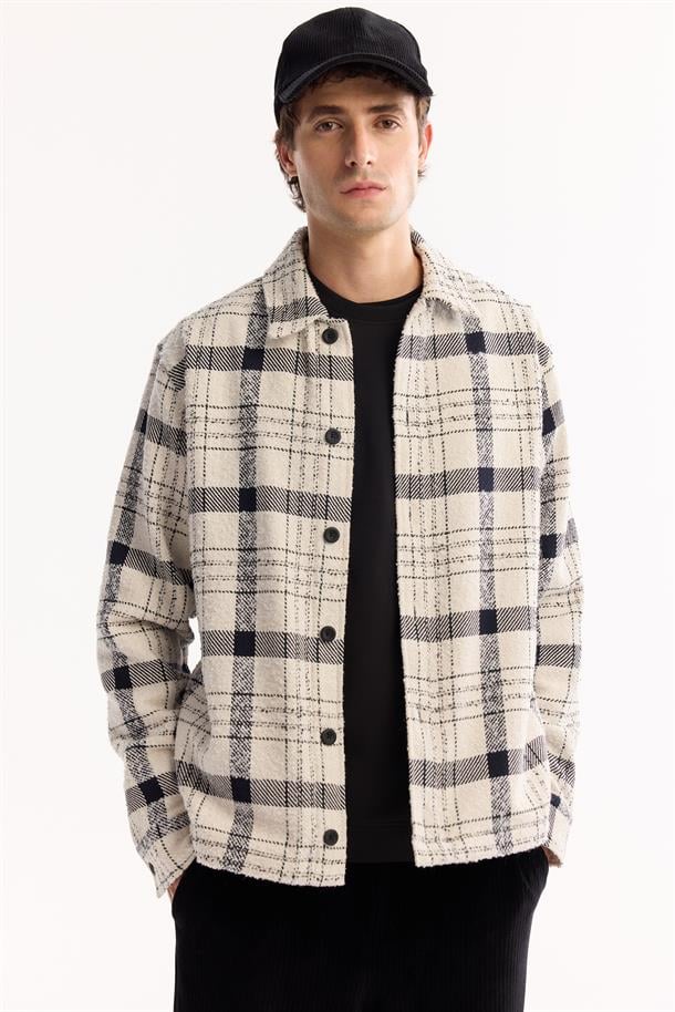 Ekru Klasik Yaka Soft Touch Ekoseli Gömlek Ceket