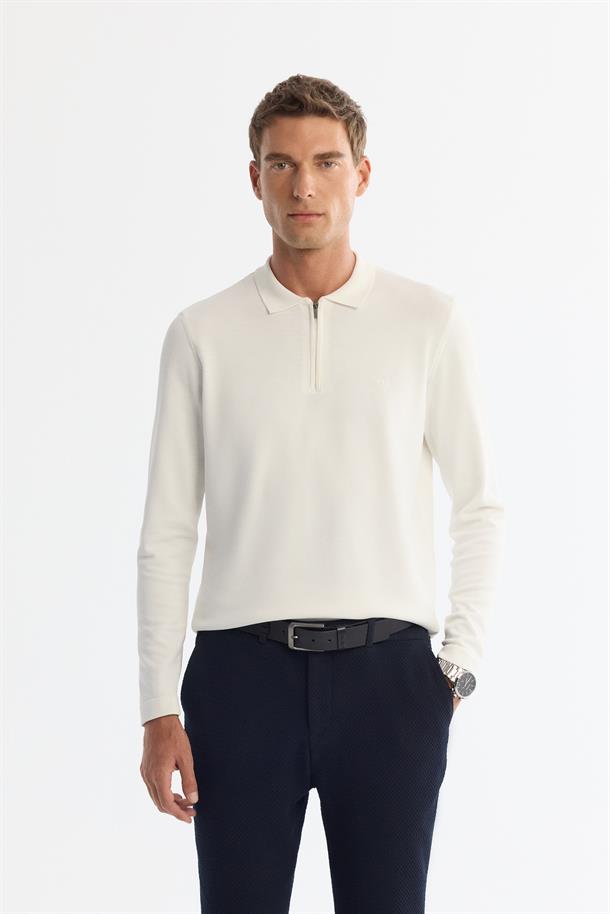 Ekru Fermuarlı Polo Yaka Rayon Triko Kazak
