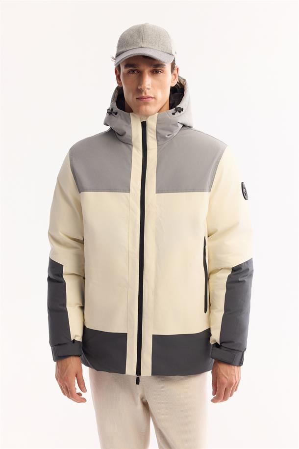 Ecru-Grey Hooded Water Repellent Jacket Resistant to -10°C