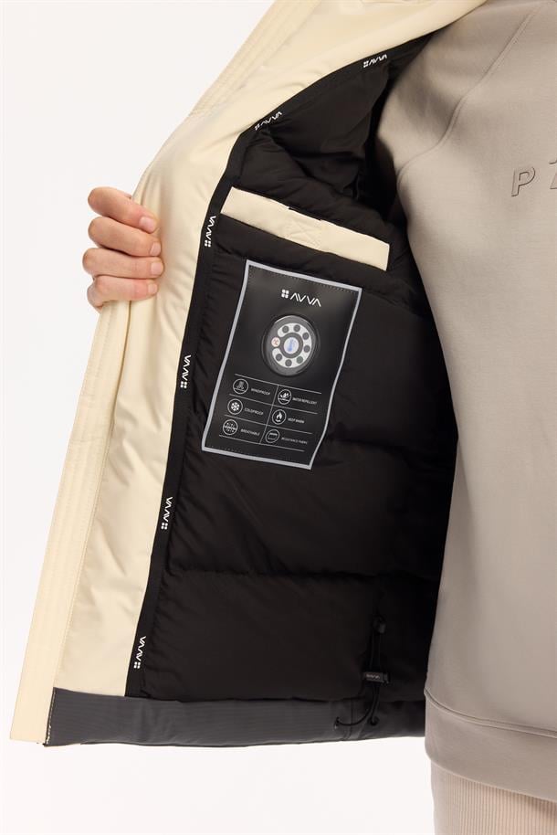 Ekru-Gri Kapüşonlu Su İtici Rüzgar Geçirmez -10 Dereceye Dayanıklı Mont