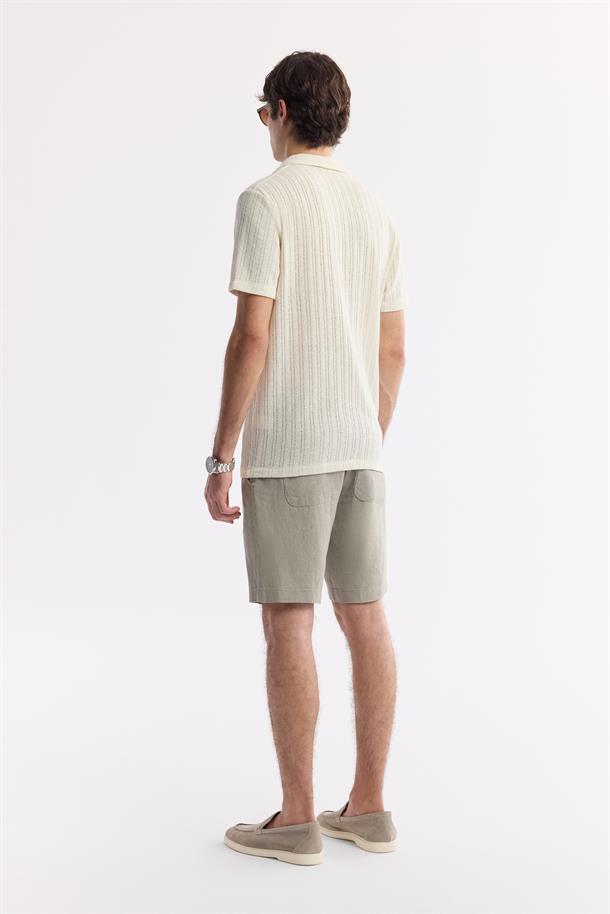 Ekru Apaj Yaka Jakarlı Keten Karışımlı Kısa Kol Gömlek