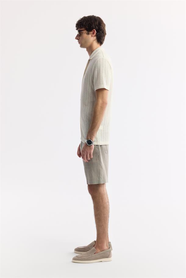 Ekru Apaj Yaka Jakarlı Keten Karışımlı Kısa Kol Gömlek