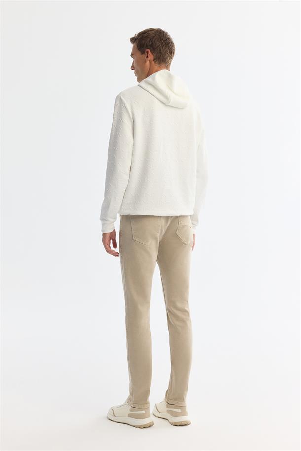 Ekru Kapüşonlu Baskılı Elastan Sweatshirt