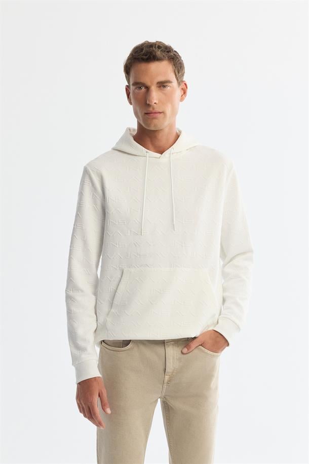 Ekru Kapüşonlu Baskılı Elastan Sweatshirt