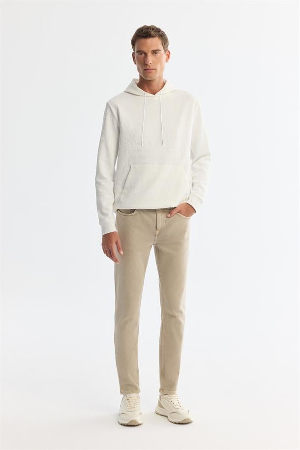 Ekru Kapüşonlu Baskılı Elastan Sweatshirt