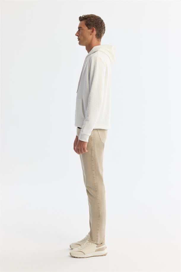 Ekru Kapüşonlu Baskılı Elastan Sweatshirt