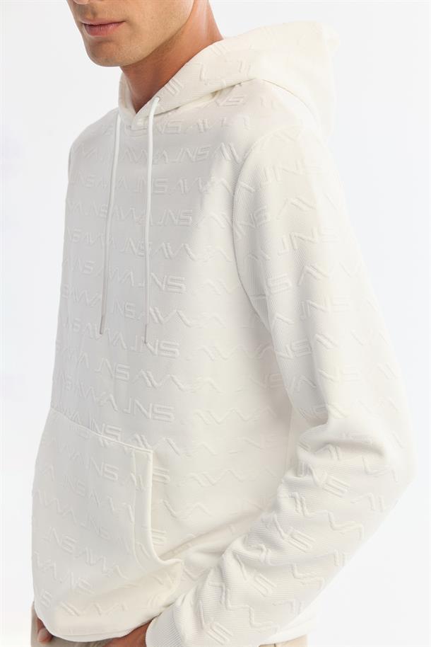 Ekru Kapüşonlu Baskılı Elastan Sweatshirt
