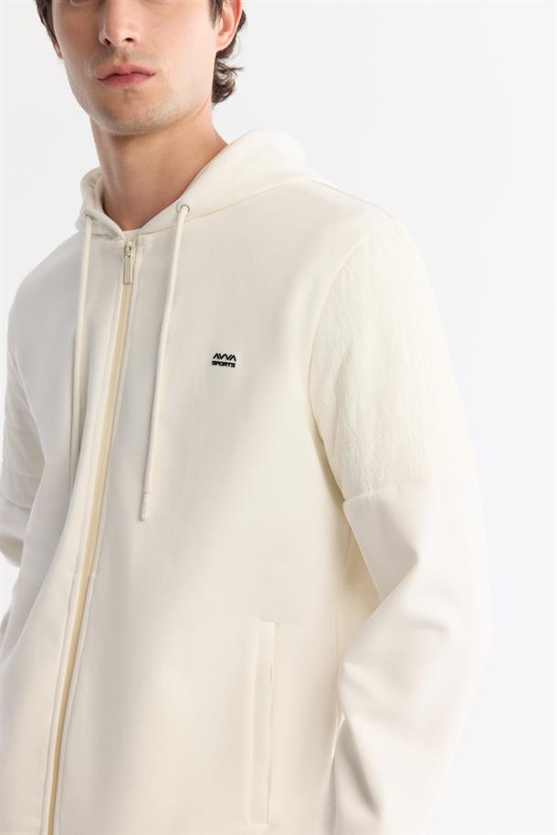 Ekru Kapüşonlu Pamuklu Fermuarlı Elastan Sweatshirt