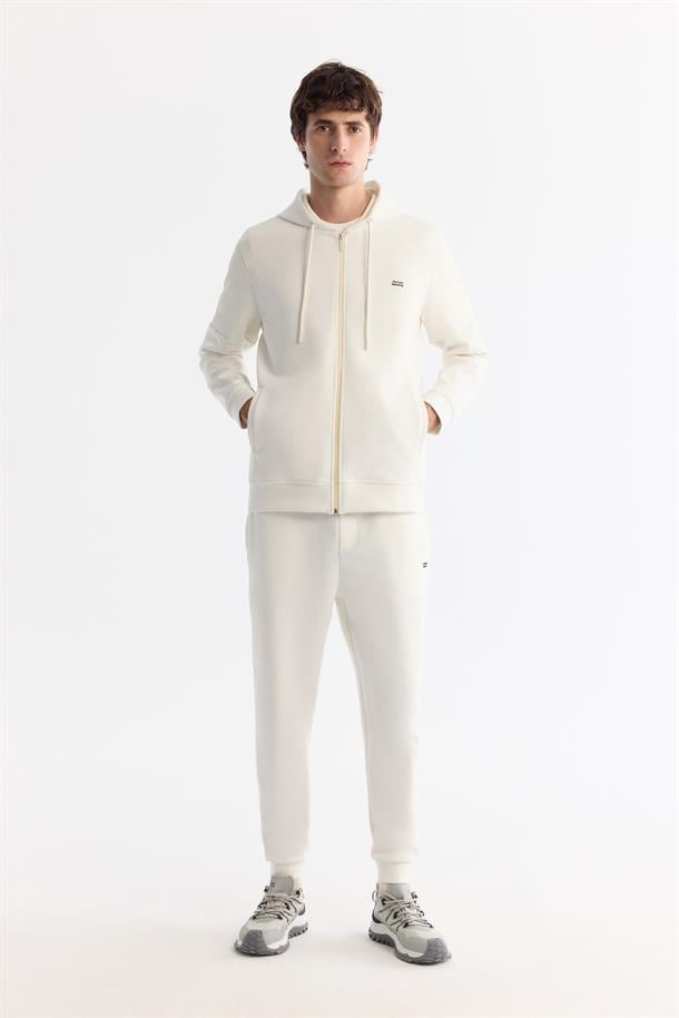 Ekru Kapüşonlu Pamuklu Fermuarlı Elastan Sweatshirt